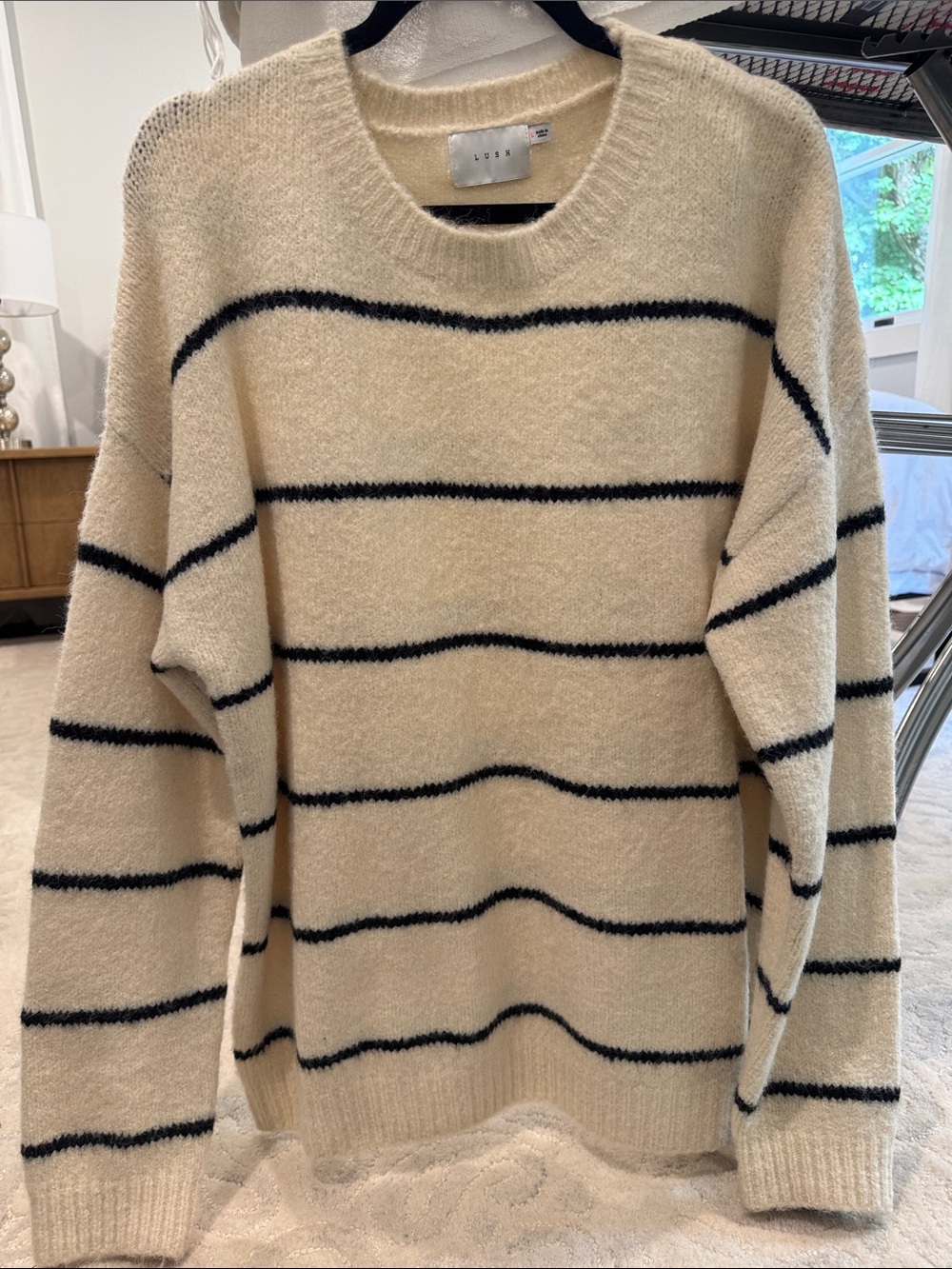 Lush Cream and Navy Striped Crewneck Sweater